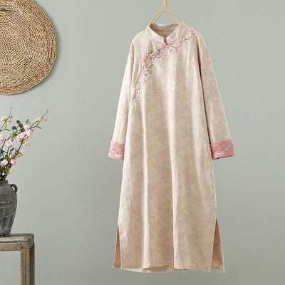 Buddha Stones Stand Collar Frog-Button Flower Pattern Embroidery Design Long Sleeve Cotton Midi Dress - MistyRose - US8-10，UK/AU12-14，EU40-42 (2XL) - image 0
