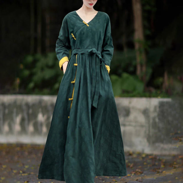 Buddha Stones Frog-Button Plain V-Neck Long Sleeve Cotton Midi Dress with Pockets, DarkGreen / US8-10,UK/AU12-14,EU40-42 (2XL)
