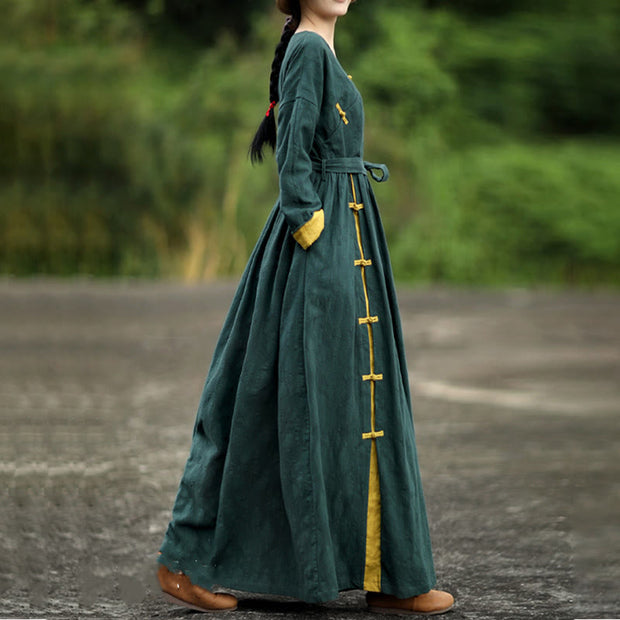 Buddha Stones Stand Collar Frog-Button Plain V-neck Long Sleeve Cotton Midi Dress With Pockets - image 3