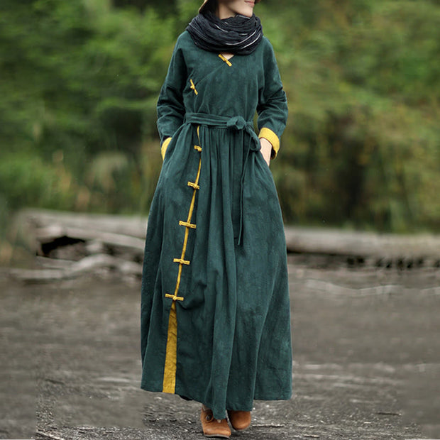 Buddha Stones Stand Collar Frog-Button Plain V-neck Long Sleeve Cotton Midi Dress With Pockets - image 2