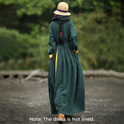 Buddha Stones Stand Collar Frog-Button Plain V-neck Long Sleeve Cotton Midi Dress With Pockets - image 4