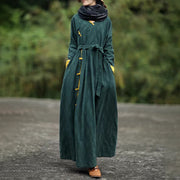 Buddha Stones Stand Collar Frog-Button Plain V-neck Long Sleeve Cotton Midi Dress With Pockets - image 1