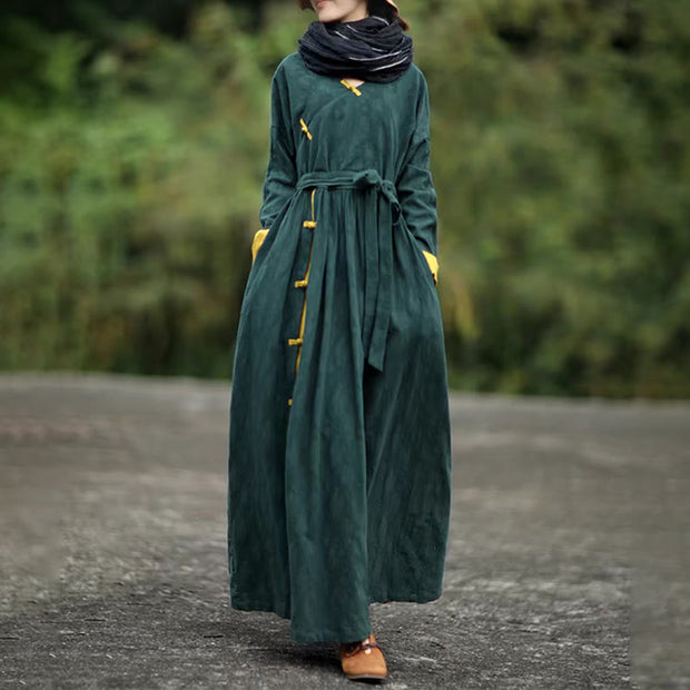 Buddha Stones Stand Collar Frog-Button Plain V-neck Long Sleeve Cotton Midi Dress With Pockets - image 1