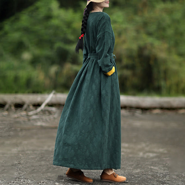 Buddha Stones Stand Collar Frog-Button Plain V-neck Long Sleeve Cotton Midi Dress With Pockets - image 5