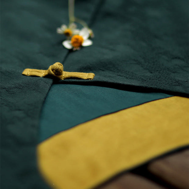 Buddha Stones Stand Collar Frog-Button Plain V-neck Long Sleeve Cotton Midi Dress With Pockets - image 7