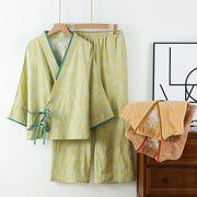 Buddha Stones 2pcs Colorful Floral Leaf Long Sleeve V-Neck Shirt Pants Cotton Pajamas Set With Pockets - YellowGreen - US12，UK/AU16，EU44 (XL) - image 0