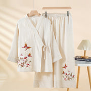 Buddha Stones 2pcs Colorful Floral Butterfly Long Sleeve V-Neck Shirt Pants Cotton Pajamas Set With Pockets - Snow - US6，UK/AU10，EU38 (XL) - image 0