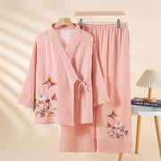 Buddha Stones 2pcs Colorful Floral Butterfly Long Sleeve V-Neck Shirt Pants Cotton Pajamas Set With Pockets - LightPink - US6，UK/AU10，EU38 (XL) - image 6