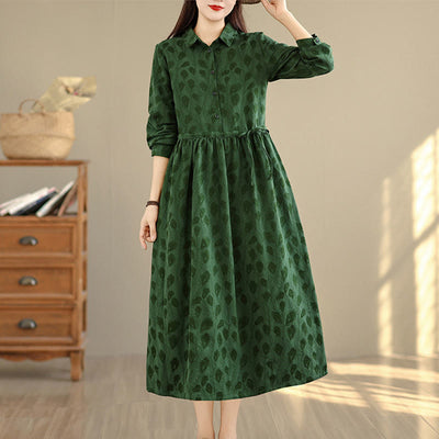 Buddha Stones  Leaf Pattern Lapel Long Sleeve Cotton Midi Dress With Pockets - DarkGreen - US8-10，UK/AU12-14，EU40-42 (2XL) - image 0