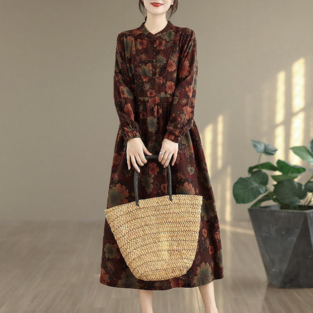 Buddha Stones Flower Pattern Long Sleeve Cotton Midi Dress with Pockets, DarkRed / US4,UK/AU8,EU36 (F)