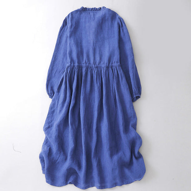 white christmas dresses Buddha Stones Plain Long Sleeve Cotton Midi Dress with Pockets, Blue / US4,UK/AU8,EU36 (L)