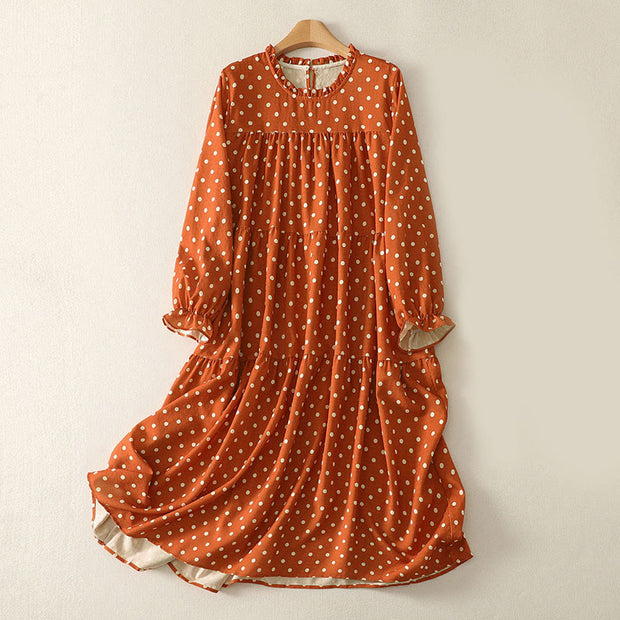 Buddha Stones Fall Polka Dot Design Crew Neck Long Sleeve Women's Midi Dress, Coral / US12,UK/AU16,EU44 (XL)