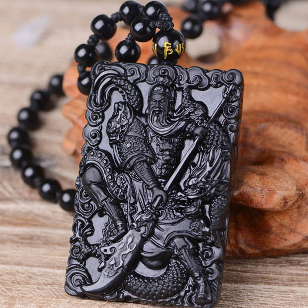 Buddha Stones Black Obsidian Guan Gong Amulet Engraved Strength Necklace Pendant
