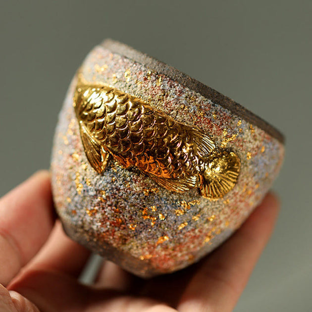 Buddha Stones Golden Arowana Koi Fish Ceramic Teacup Kung Fu Tea Cup ...