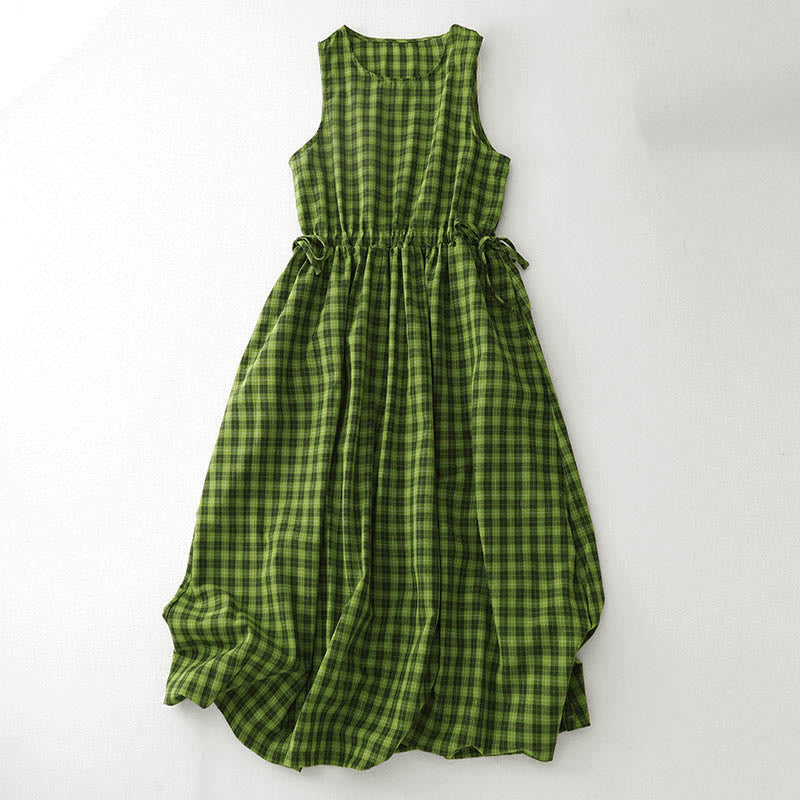 Buddha Stones Sleeveless Plaid Summer Midi Dress With Pockets – buddhastoneshop