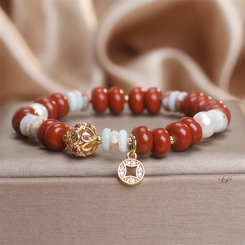 Buddha Stones Red Jasper Shoushan Stone Abacus Beads Copper Coin
