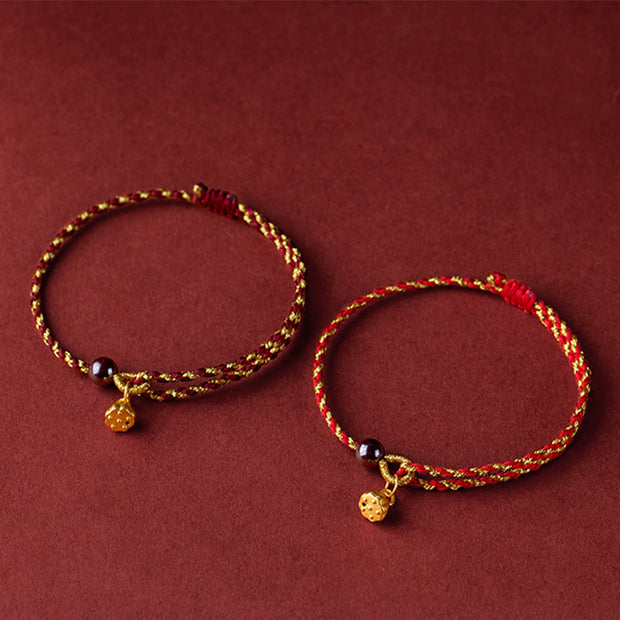 Buddha Stones Handcrafted Red Gold Rope Lotus Peace And Joy Charm Braid Bracelet