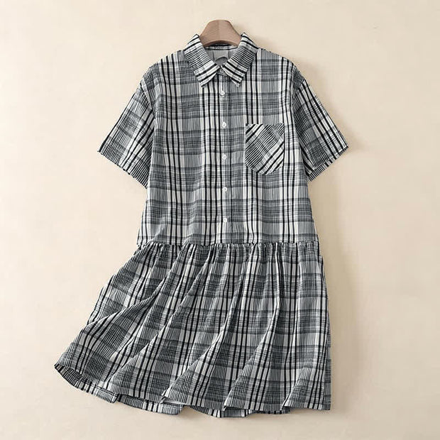 summer button up dresses Buddha Stones Summer Casual Vintage Button-Up Plaid Women's Short Sleeve Dresses, LightGray / US4, UK/AU8, EU36 (M)