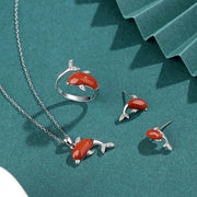 Buddha Stones 925 Sterling Silver Cute Dolphin Hetian Jade Red Agate Luck Necklace Pendant Ring Earrings Set