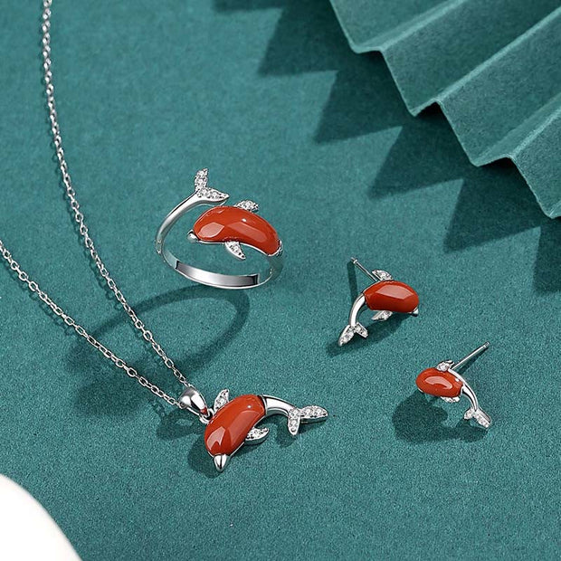Buddha Stones 925 Sterling Silver Cute Dolphin Hetian Jade Red Agate Luck Necklace Pendant Ring Earrings Set Bracelet Necklaces & Pendants BS 3Pcs(Necklace&Ring&Earrings) Red Agate