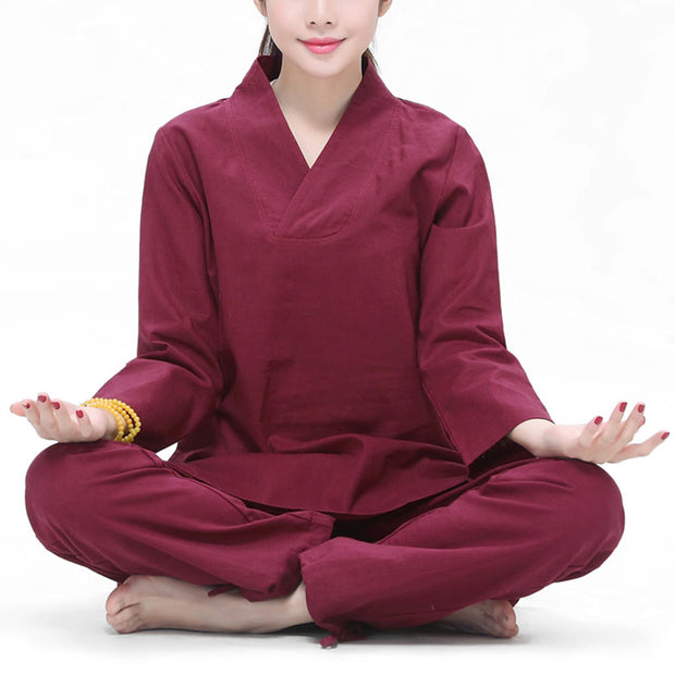 Buddha Stones Zen Practice Yoga Meditation Prayer V-neck Design Uniform Cotton Linen Clothing Women's Set Clothes BS Dark Red XXL