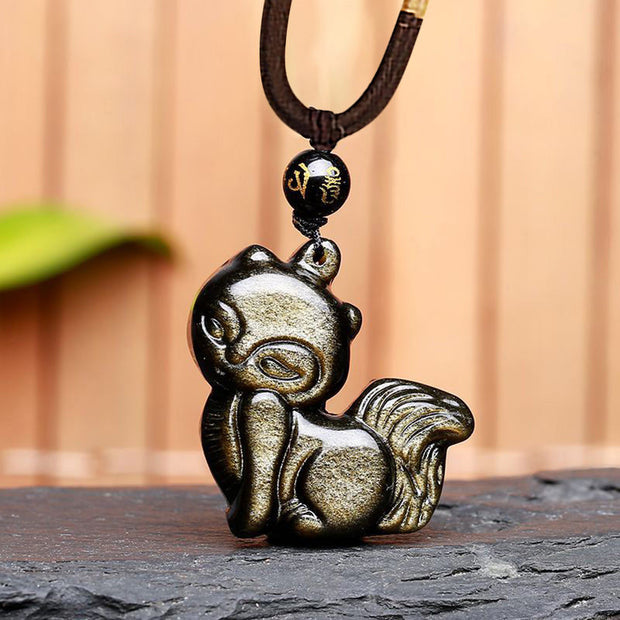 Buddha Stones Natural Rainbow Obsidian Gold Sheen Obsidian Nine Tailed Fox Positive Necklace Pendant Necklaces & Pendants BS Gold Sheen Obsidian Fox