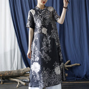 Buddha Stones Ramie Linen Blue Flowers Leaves Cheongsam Dresses Short Sleeve Dress 1
