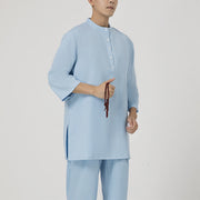 Buddha Stones 2Pcs Buttons Men's Three Quarter Sleeve Shirt Top Pants Meditation Zen Tai Chi Cotton Linen Clothing Set 8