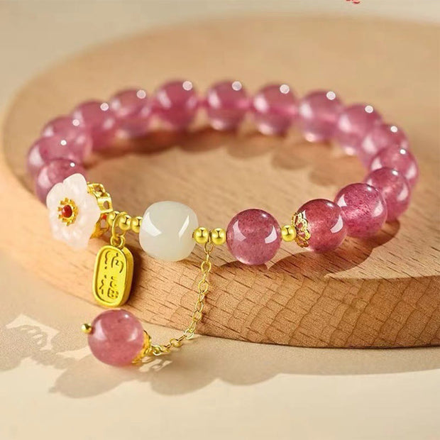 Buddha Stones Strawberry Quartz Fu Character Pink Crystal Healing Bracelet