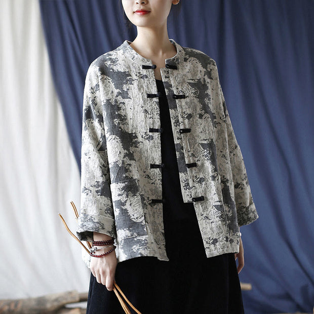 Buddha Stones Black Gray Print Frog-button Design Long Sleeve Cotton Linen Jacket Shirt With Pockets