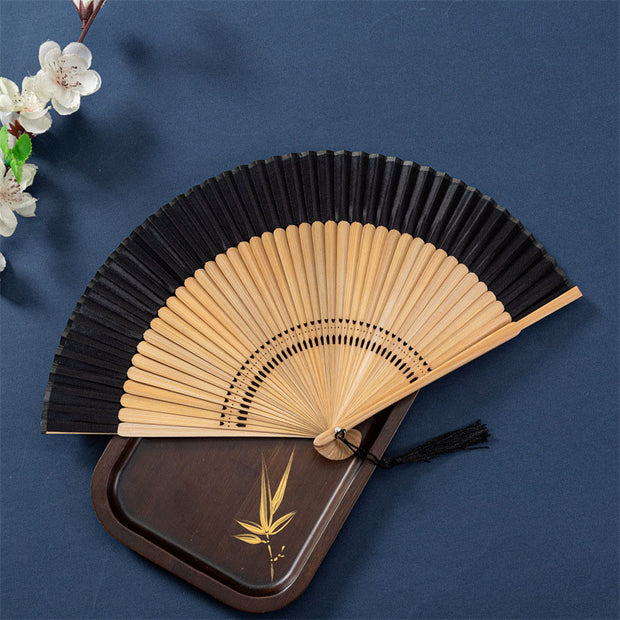 Buddha Stones Solid Color Handheld Silk Bamboo Folding Fan 21cm 5