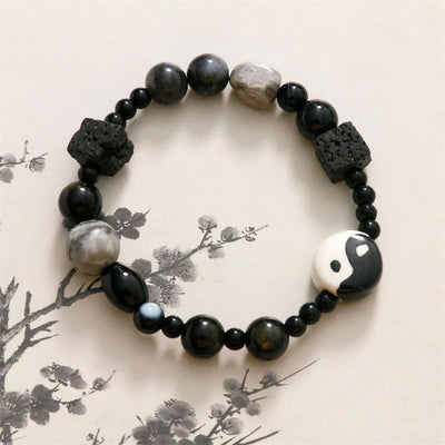 FREE Today: Protection And Willpower Black Onyx Picasso Jasper Bead Yin Yang Bracelet