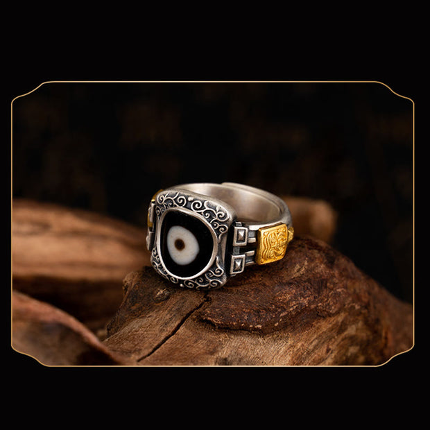 Buddha Stones 925 Sterling Silver Zakiram Goddess of Wealth Design Dzi Bead Protection Ring Ring BS 6
