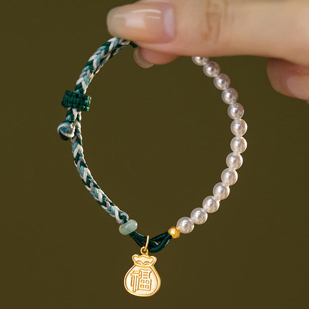 Buddha Stones 925 Sterling Silver Fu Character Lucky Bag Pearl Hetian Jade Wisdom Rope Bracelet 7
