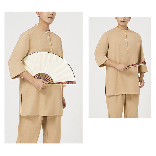 Buddha Stones 2Pcs Buttons Men's Three Quarter Sleeve Shirt Top Pants Meditation Zen Tai Chi Cotton Linen Clothing Set 15