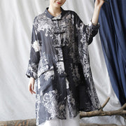 Buddha Stones Blue White Flowers Frog-Button Long Sleeve Ramie Linen Jacket Shirt With Pockets
