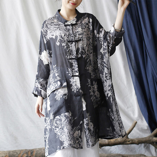 Buddha Stones Blue White Flowers Frog-Button Long Sleeve Ramie Linen Jacket Shirt With Pockets 2