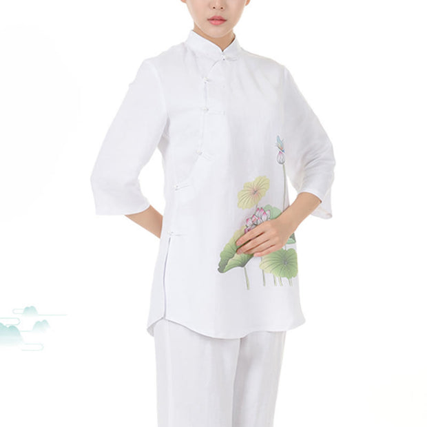 Buddha Stones 2Pcs White Lotus Flower Leaf Half Sleeve Shirt Top Pants Meditation Zen Tai Chi Linen Clothing Women's Set 6