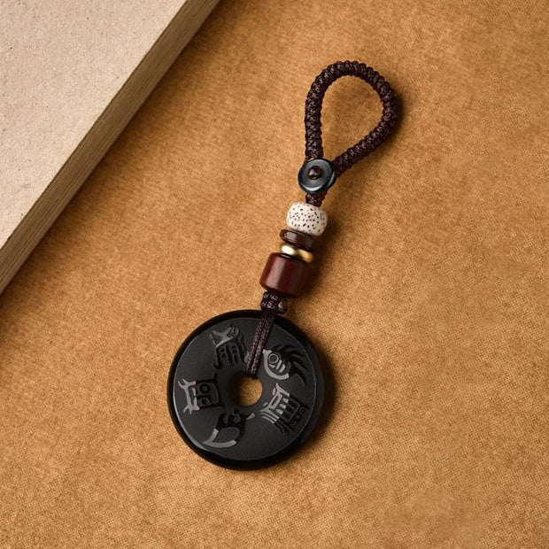 Buddha Stones Black Obsidian Taoism Five Sacred Mountains Carved Strength Peace Buckle Necklace Pendant Key Chain Phone Hanging Decoration