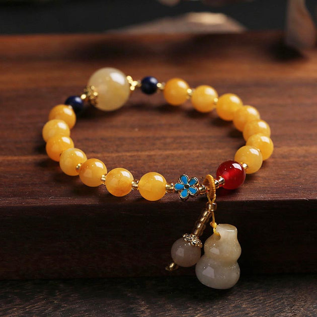 Buddha Stones Natural Golden Silk Jade Gourd Charm Wealth Luck Bracele ...