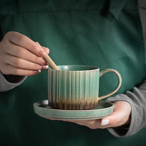 Buddha Stones Retro Striped Kiln Change Ceramic Coffee Mug Rough Pottery Tea Coffee Cup With Saucer 250ml