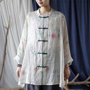 Buddha Stones White Red Flowers Green Leaves Frog-Button Long Sleeve Ramie Linen Jacket Shirt