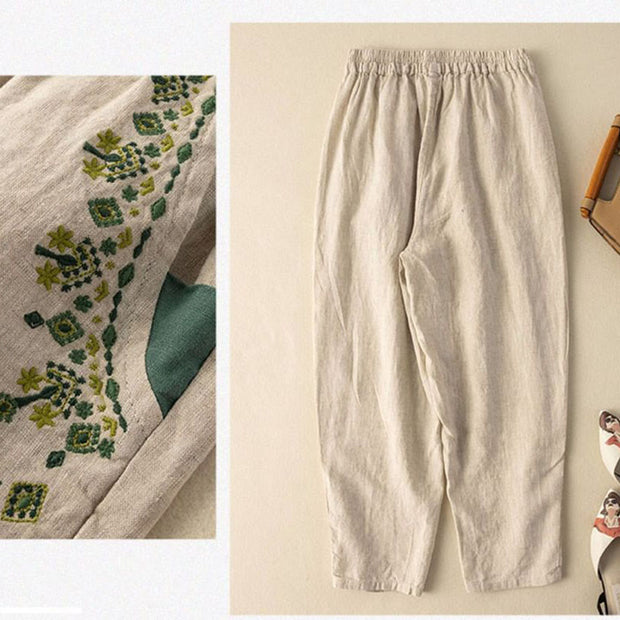 Buddha Stones Vintage Embroidery Elastic Waist Harem Pants With Pockets 16