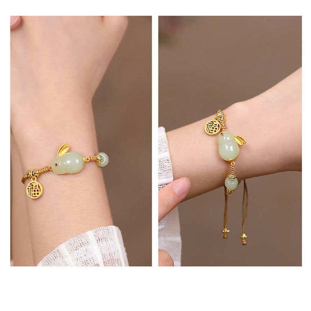 Buddha Stones Year of the Rabbit Hetian Jade Happiness Blessing Wealth String Bracelet