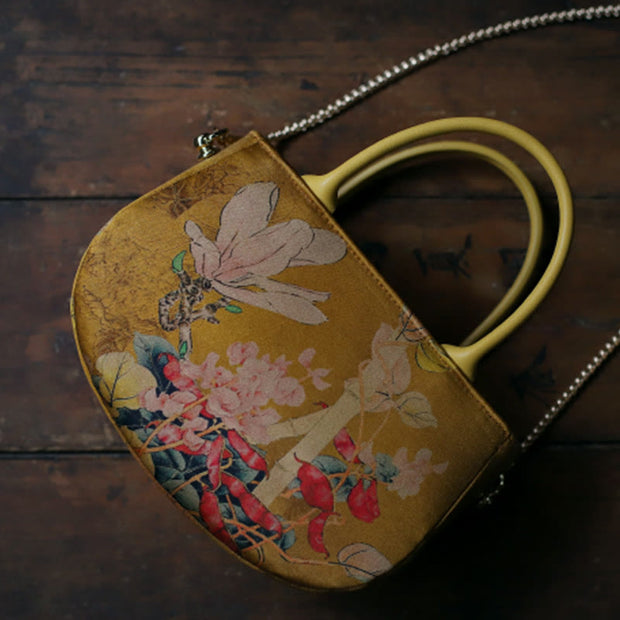 Buddha Stones Vintage Flower Peony Metal Chain Zipper Handbag Crossbody Bag Shoulder Bag