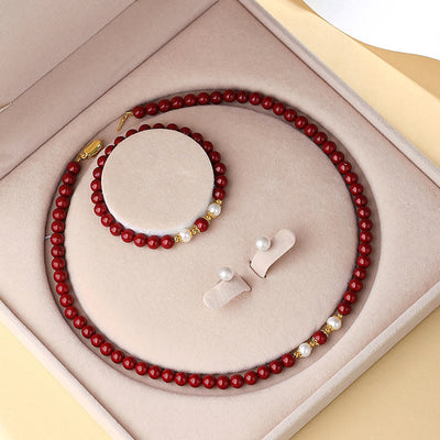 Buddha Stones 925 Sterling Silver Natural Cinnabar Pearl Blessing Necklace Pendant Bracelet Earrings Jewelry Set Bracelet Necklaces & Pendants BS 3Pcs(Necklace&Bracelet&Earrings)