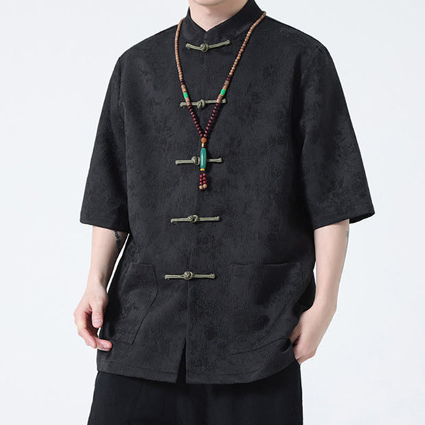 Buddha Stones Solid Color Jacquard Frog-button Chinese Half Sleeve Shirt Men T-shirt