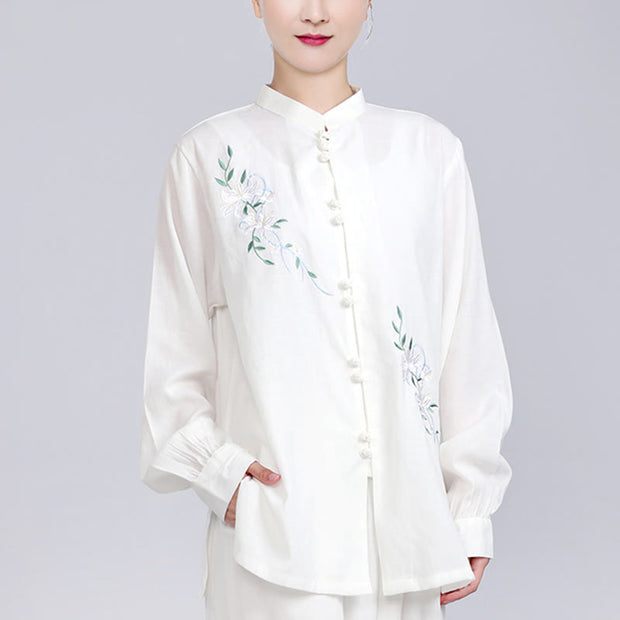 Buddha Stones White Flowers Embroidery Meditation Prayer Spiritual Zen Tai Chi Qigong Practice Unisex Clothing Set 24