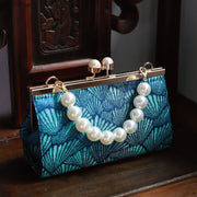 Buddha Stones Vintage Peacock Blue Leaf Pattern Pearl Metal Handbag Handbags BS 9