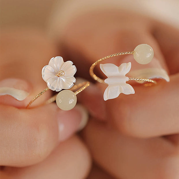 Buddha Stones 14k Gold Plated Round Hetian Jade Tridacna Stone Peach Blossom Flower Butterfly Prosperity Adjustable Ring (Extra 35% Off | USE CODE: FS35) - image 1